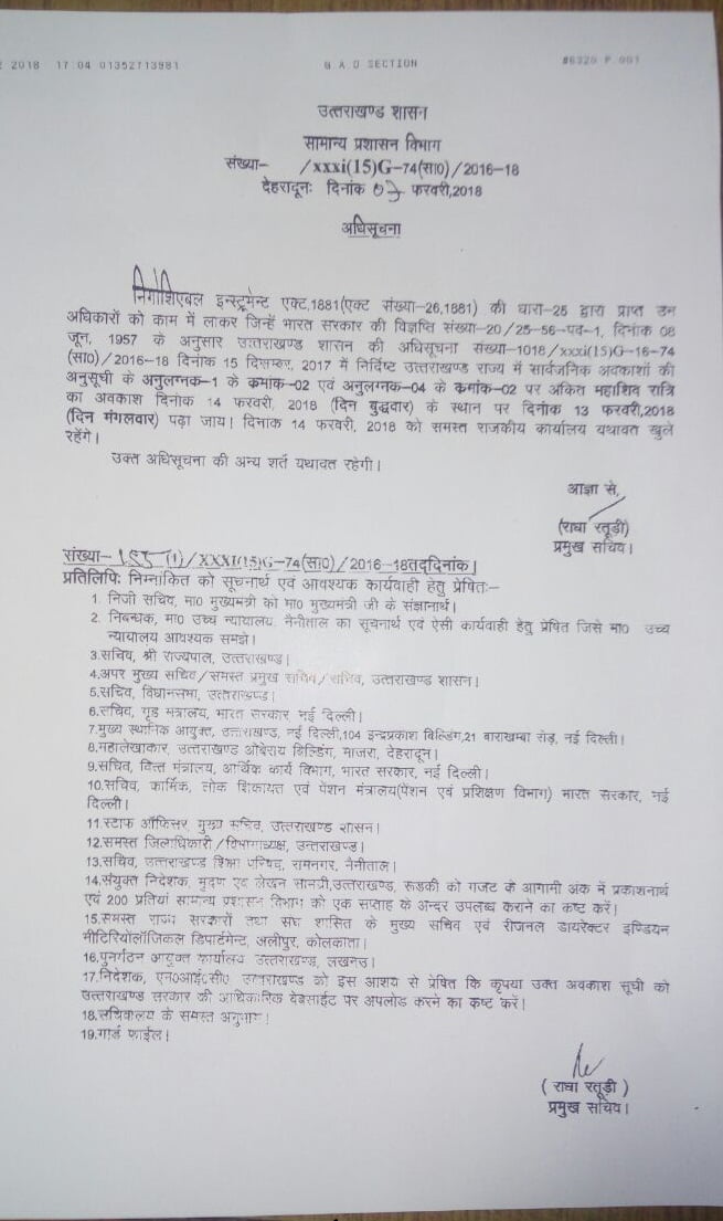 उत्तराखंड में 13 फरवरी को रहेगा अवकाश 2 उत्तराखंड में 13 फरवरी को रहेगा अवकाश 2 Hello Uttarakhand News »