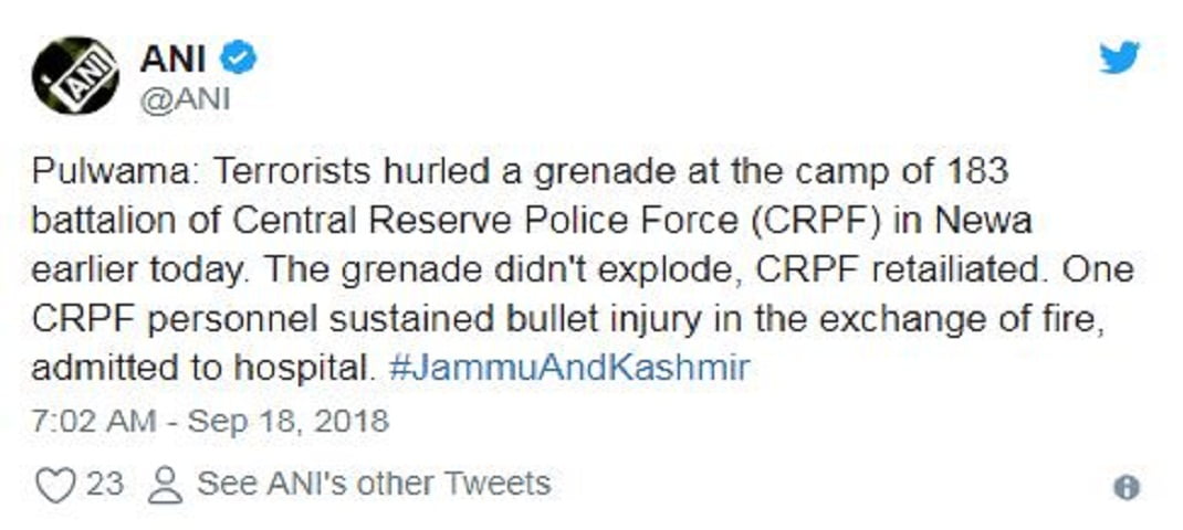 आतंकियों ने सीआरपीएफ के शिविर पर किया ग्रेनेड हमला, एक जवान घायल 2 आतंकियों ने सीआरपीएफ के शिविर पर किया ग्रेनेड हमला, एक जवान घायल 2 Hello Uttarakhand News »