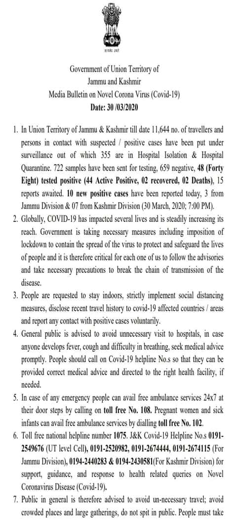 Corona (Covid-19) positive count in J&K has gone to now to 49, 2 recovered 2 Hello Uttarakhand News »