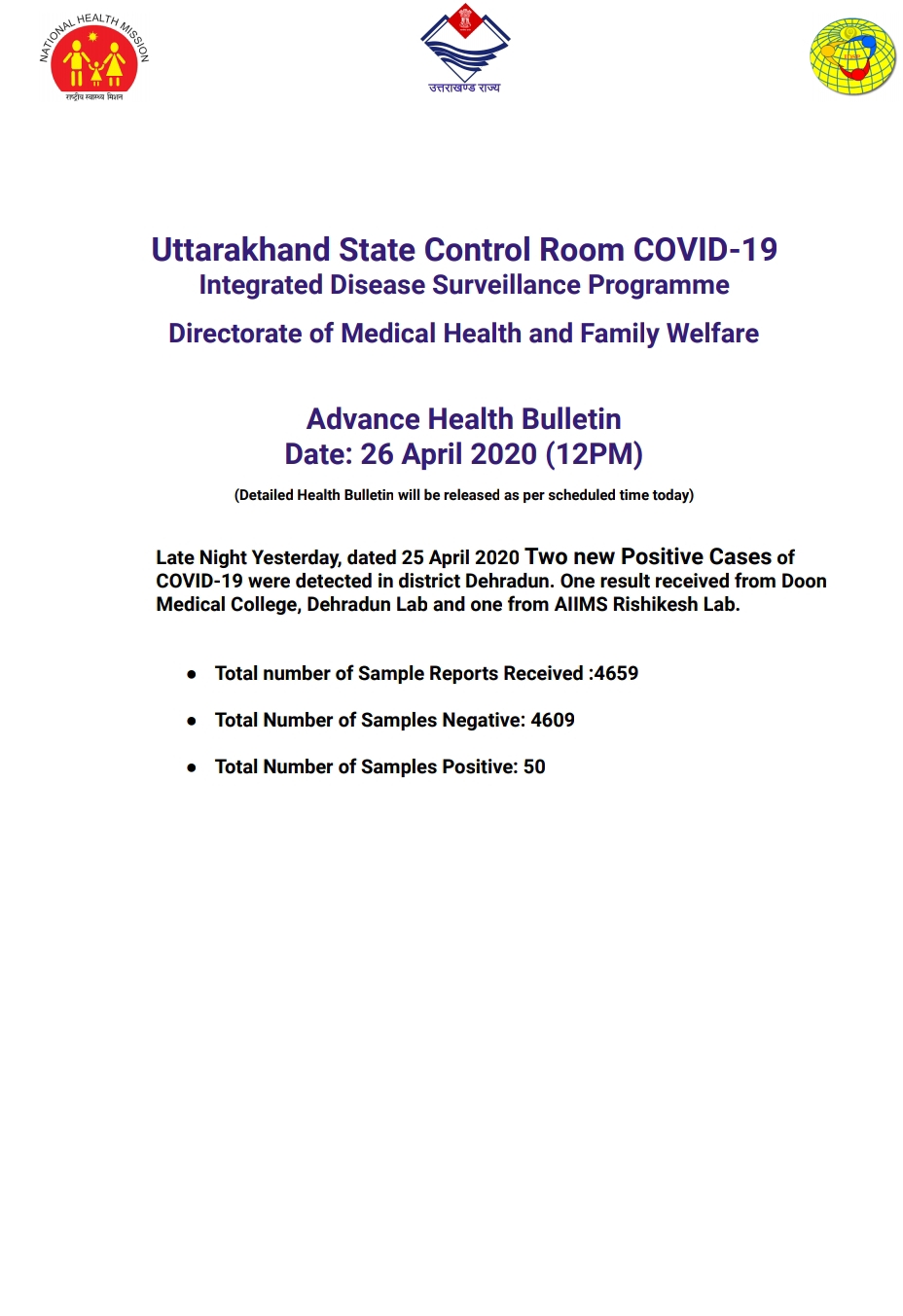 उत्तराखंड कोरोना वायरस स्वास्थ्य बुलेटिन (COVID-19) 26 /04/2020 12:00 pm तक, 2 और कोरोना पॉजिटिव 2 Hello Uttarakhand News »