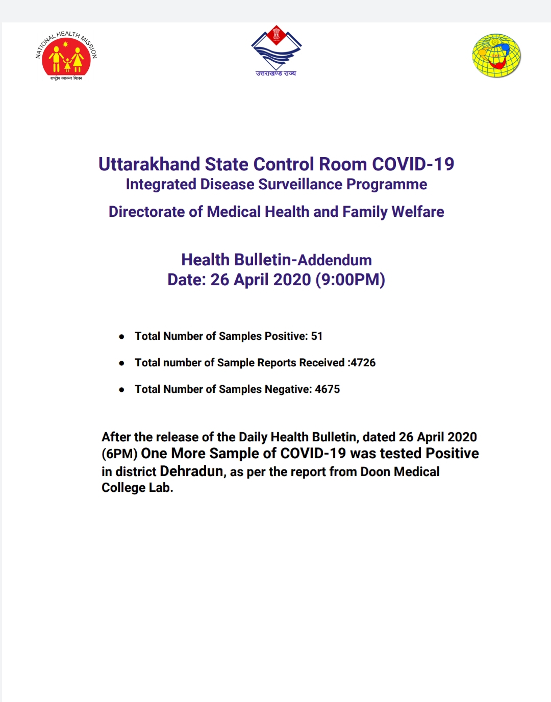उत्तराखंड कोरोना स्वास्थ्य बुलेटिन (COVID-19) 26 /04/2020, 09:00 pm, एक और सकारात्मक मामला 2 Hello Uttarakhand News »