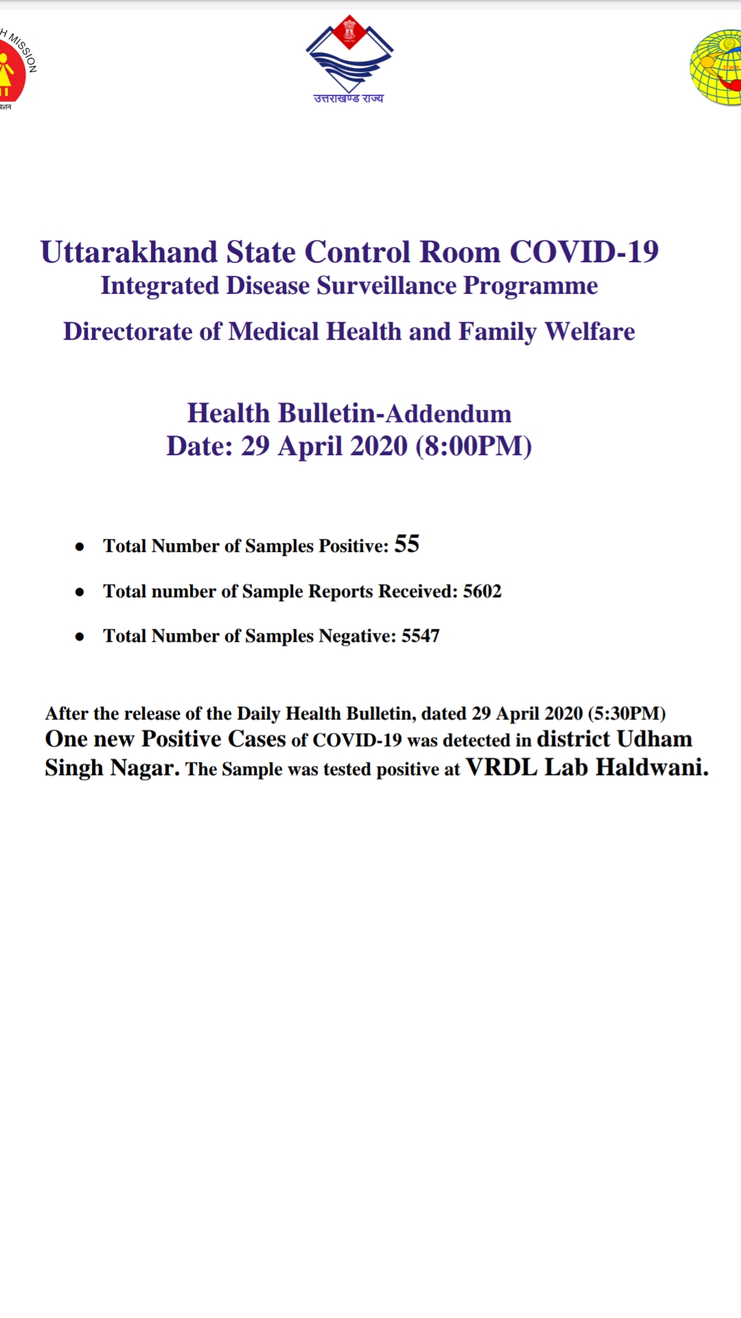 उत्तराखंड कोरोना स्वास्थ्य बुलेटिन (COVID-19) 29/04/2020 शाम 08:00 की रिपोर्ट 2 Hello Uttarakhand News »