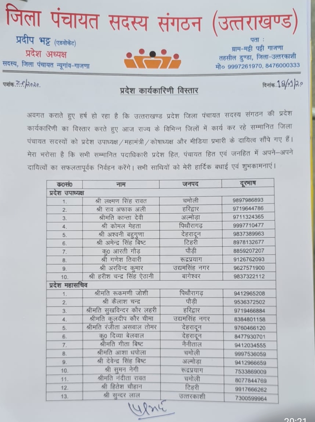 जिला पंचायत संगठन की प्रदेश कार्यकारिणी घोषित, इन लोगों को मिली अहम जिम्मेदारी 2 Hello Uttarakhand News »