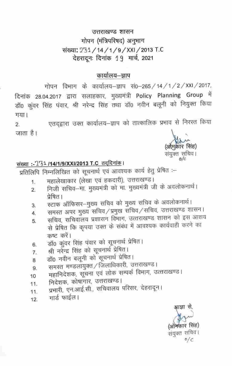मुख्यमंत्री तीरथ सिंह रावत का एक और मास्टरस्ट्रोक, पूर्व मुख़्यमंत्री त्रिवेंद्र सिंह रावत द्वारा नियुक्त 5 सलाहकारों की हुई छुट्टी 1 Hello Uttarakhand News &raquo;