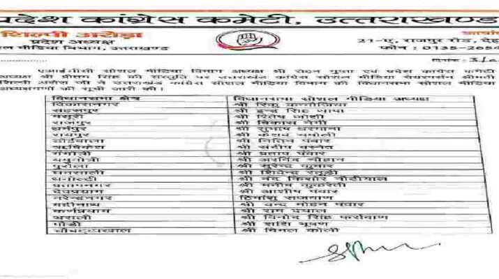 उत्तराखंड कांग्रेस ने की सोशल मीडिया विभाग के प्रभारियों की सूची जारी 1 Hello Uttarakhand News »
